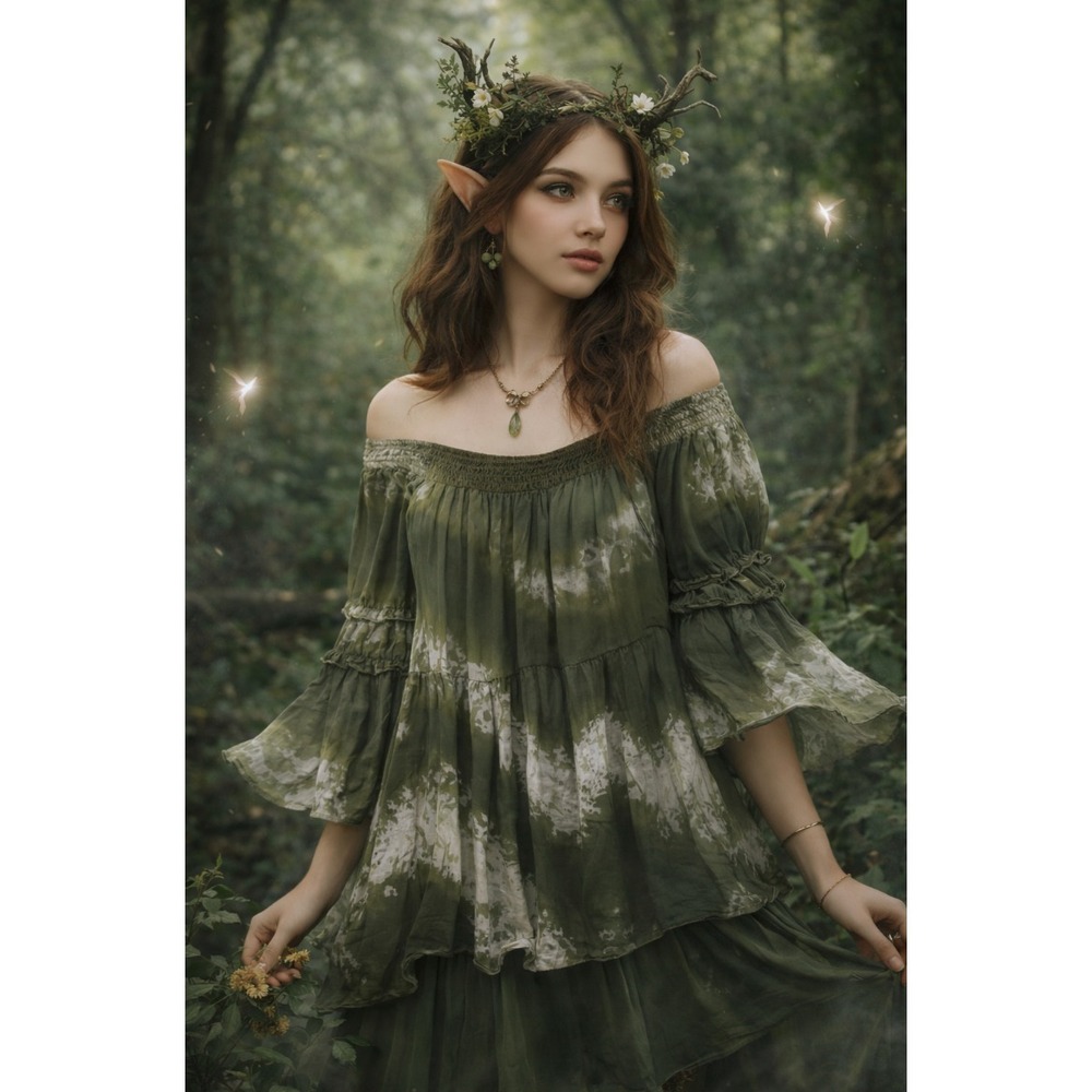 Tempo Paris Blouse M/L Green Silk Tiered Bell Sleeve Woodland Fairy Grunge
